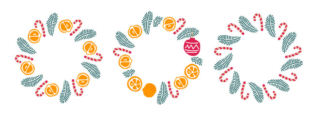 Christmas frame, wreath with Mandarins, spruce twigs, candy canes. Christmas decorative frames of festive elements. Round frame set with copy space. Color vector in doodle style isolated on white