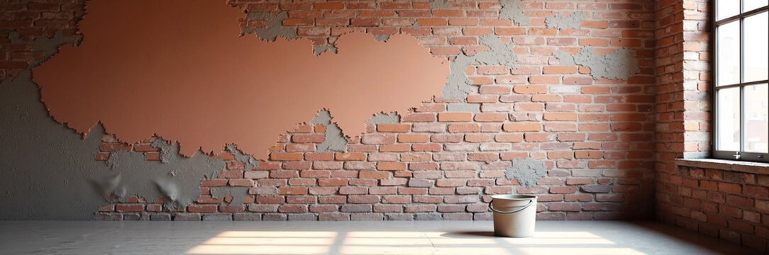 Brick wall, interior view of aged brickwork with window light showcasing exposed brick and peeling paint. Brick wall texture, with rough plaster and rustic design, - Powered by Adobe