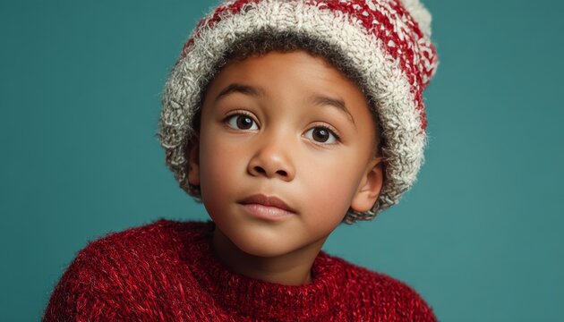 Young child wearing warm knitted winter clothing poses against a solid background