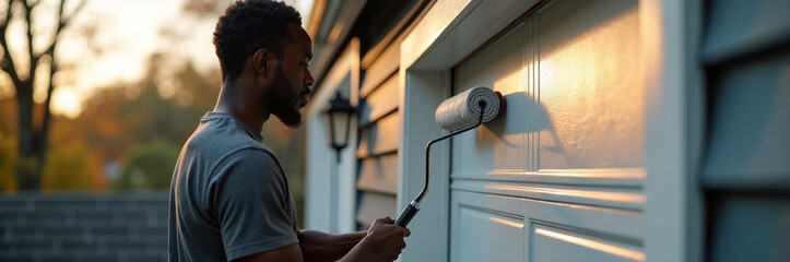 Painting house exterior with white paint using roller on a sunny day. Painting house is performed by man near trees and siding, with door painted. Concept painting house for home improvement projects,