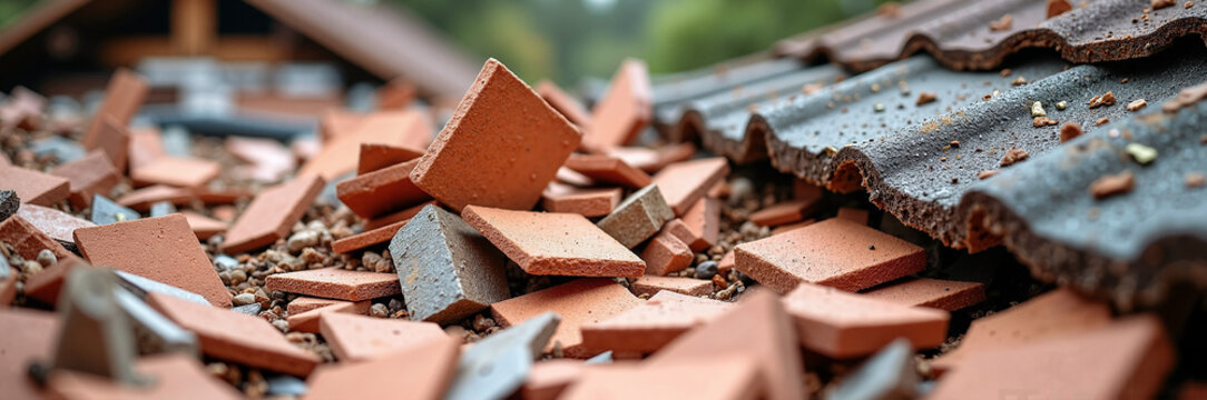 Damaged roof, featuring broken tiles and debris scattered across rooftop. Damaged roof shows extensive damage to clay tiles and weathered roofing material, creating pattern of destruction.