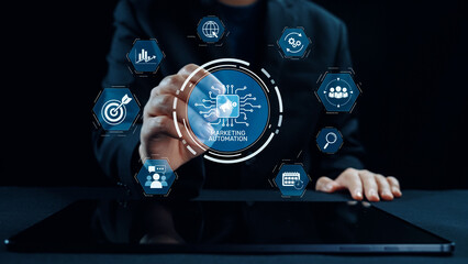 Marketing automation diagram showcase AI-driven campaign workflow, highlight marketing automation, data-driven strategy, marketing automation tools, and market automation process in business. Elide