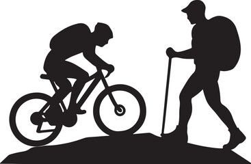 Outdoor adventure: cyclist and hiker silhouettes on a trail