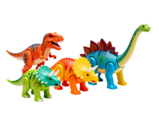 Set of Vibrant Plastic Dinosaur Toys for kids. Fun and colorful prehistoric animal figures for imaginative play.