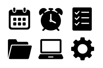 Collection of Time Management and Organization Icons Featuring Calendar Clock Checklist Laptop and Gear