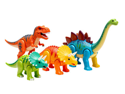 Set of Vibrant Plastic Dinosaur Toys for kids. Fun and colorful prehistoric animal figures for imaginative play.