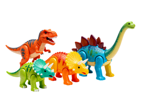 Set of Vibrant Plastic Dinosaur Toys for kids. Fun and colorful prehistoric animal figures for imaginative play.