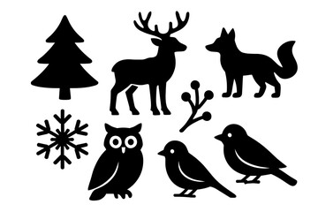 Fototapeta premium Silhouette of Various Winter Animals and Trees on a White Background