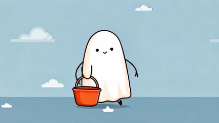 Whimsical ghost with orange bucket wanders under a blue sky with clouds