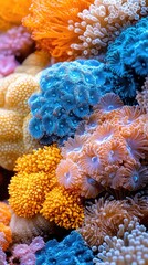 Close-up of a vibrant coral reef, showcasing various colorful corals and marine life, emphasizing the beauty of the underwater world.