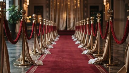 Elegant red carpet event entrance with gold stanchions creates a grand VIP arrival experience