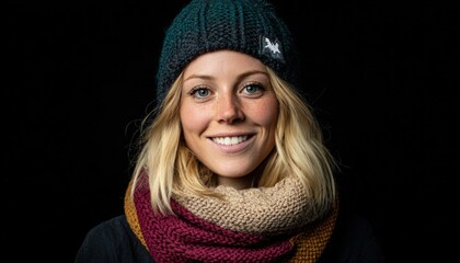 Young woman wearing warm winter accessories smiles brightly against a dark background