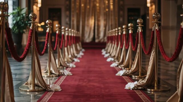 Elegant red carpet event entrance with gold stanchions creates a grand VIP arrival experience