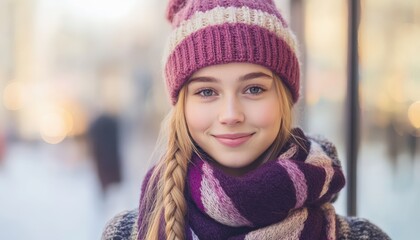 Young woman wearing colorful knit winter accessories smiles outdoors in soft light