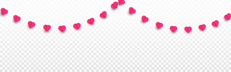 A garland of red hearts forms a seamless frame. A decoration for Valentine's Day, weddings, and Mother's Day. Vector on a transparent background.