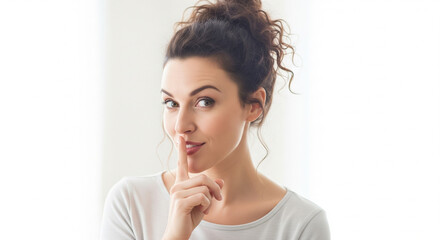 Young woman in casual shirt keeping a secret, asking for silence
Close-up of an attractive young woman with her dark hair pulled up in a messy bun, wearing a casual light-colored top
