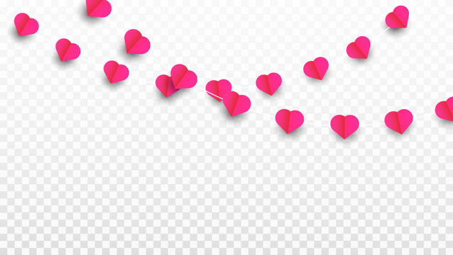 A garland of red hearts forms a seamless frame. A decoration for Valentine's Day, weddings, and Mother's Day. Vector on a transparent background.