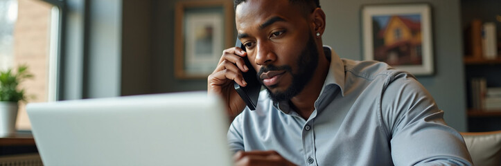 Man using laptop, man using phone while working, man using phone while working from home in a comfortable setting. Man using phone and laptop to stay connected and productive,