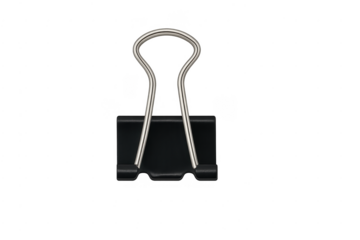 Black binder clip holding documents on transparent background