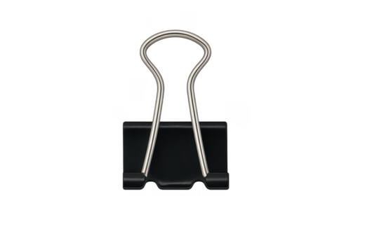 Black binder clip holding documents on transparent background