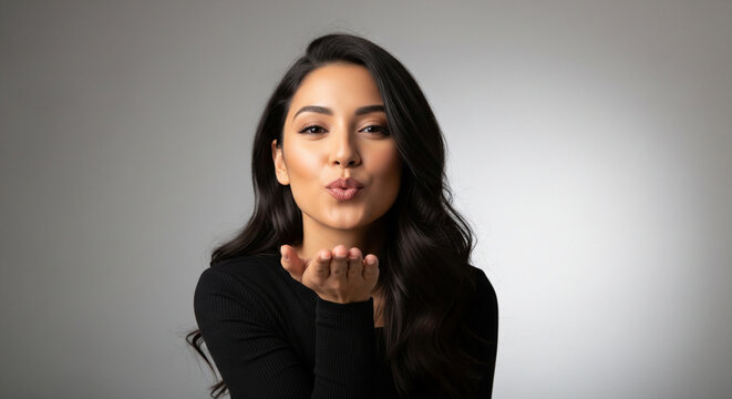 Attractive woman blowing a kiss looking directly at the camera.
A captivating studio portrait of a young woman with long, dark, wavy hair, dressed in a black top, as she gestures with her hand 
