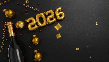 Golden 2026 balloons and confetti and champagne on a festive background