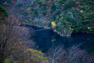 Autumn Dream Suspension Bridge over Emerald Lake in Sumatakyo, Japan