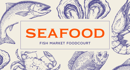 Card, seafood tag, label, symbol sketch. Vintage retro print, seafood sketch, sea life, ink pencil style drawing engrave old school sketch, hand drawn. Sketch artwork seafood. Vector Illustration