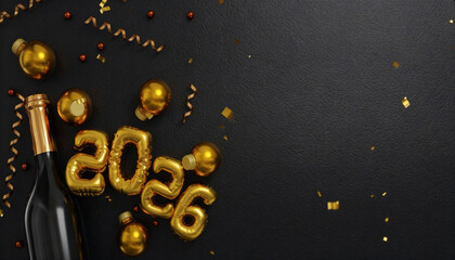 Golden 2026 balloons and confetti and champagne on a festive background