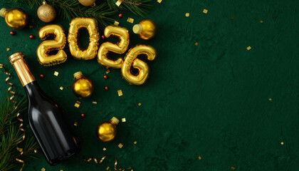 Golden 2026 balloons and confetti and champagne on a festive background