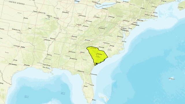 Geographical map highlighting South Carolina, displaying major cities and surrounding states, South Carolina location map, showing key urban centers and regional context
