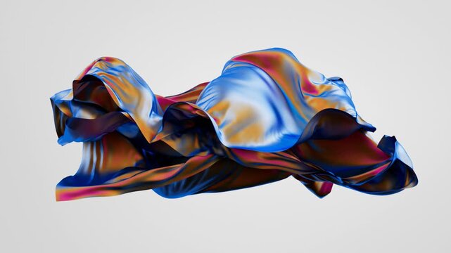 3d animation. Abstract surreal fashion concept. Iridescent multicolored drapery floating and waving over a white background. Silk textile with holographic foil effect is levitating