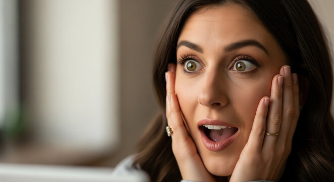 Shocked Woman Reacting with Amazement or Sudden Realization A close-up portrait of a woman with wide eyes and an open mouth, expressing intense surprise or shock