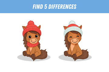 Find 5 differences between two pictures of cute horse in hat. Cute horse in flat style. Activity page. Christmas game for kids. Vector