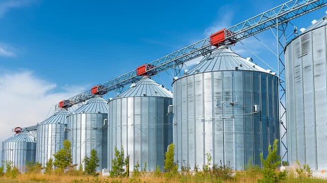Large metallic silos line the countryside, showcasing agricultural storage facilities under a sunny sky in open fields