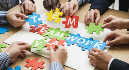 Diverse hands assembling colorful puzzle pieces to spell 'TEAM WORK'.
A top-down, close-up shot showing multiple hands of diverse individuals working together to assemble a large
