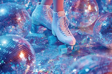 A dynamic close-up of glitter-covered roller skates surrounded by mirrored disco balls and vibrant pink and blue neon lights, symbolizing retro 80s fun, dance, and nostalgia.