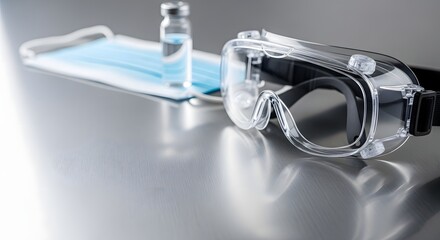 Medical protective goggles, face mask, and vaccine vial on a shiny surface representing Bird Flu prevention concept and global health security