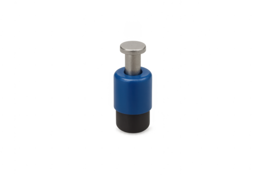 Blue and black industrial plunger component on transparent background