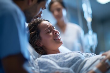 Distressed woman in a hospital bed with medical staff nearby, symbolizing intense labor pain, a medical emergency, childbirth crisis, or miscarriage.