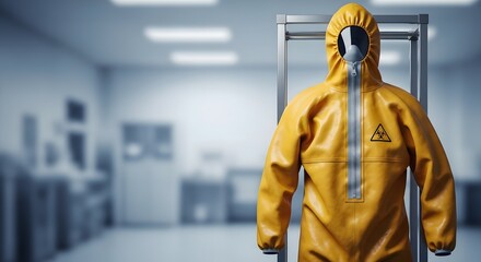Yellow hazmat protective suit with biohazard symbol hanging in a sterile laboratory for bird flu pandemic concept and public health preparedness