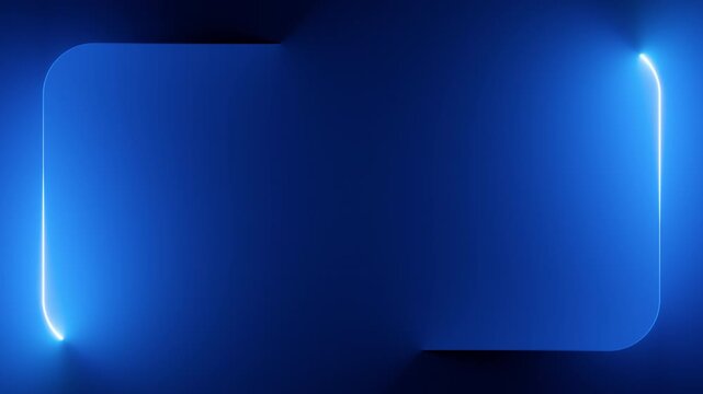 looping 3d animation. Two glowing lines leave trails and form rounded frame against the blue gradient background. Minimalist geometric motion design