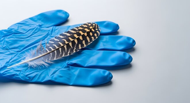 Blue protective rubber glove with a bird feather on a clean surface for bird flu disease prevention concept and public health awareness