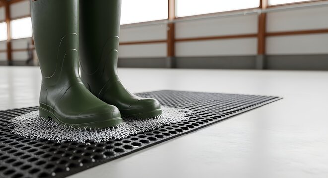 Green farm boots on a biosecurity mat cleaning for bird flu prevention concept and hygiene protocols in livestock facility