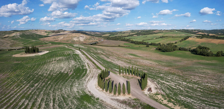 Aerial view of the cypress tree circle casting long shadows on the undulating landscape, a symphony of greens and browns under a vast sky, San Quirico d&rsquo;Orcia, Tuscany, Italy.