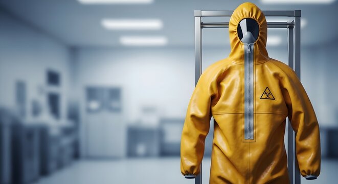 Yellow hazmat protective suit with biohazard symbol hanging in a sterile laboratory for bird flu pandemic concept and public health preparedness