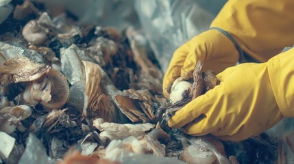 Technician using gloves and protective gear while handling diverse clinical waste ensuring compliance with hospital safety regulations and sustainable disposal methods.