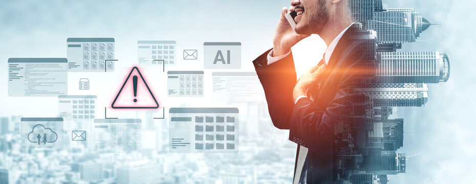 A professional businessman engages in a phone conversation, surrounded by futuristic digital elements and alert symbols, illustrating modern technology integration in business. Gantry