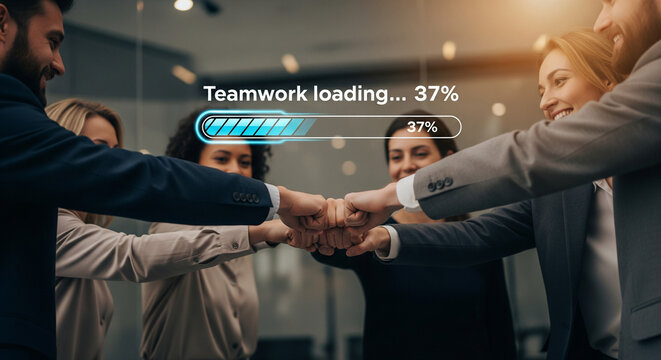 Business Team Fist Bumps Under a Digital Teamwork Loading Bar.
A contemporary, stylized image that blends professional photography with a digital overlay to illustrate the ongoing process of team