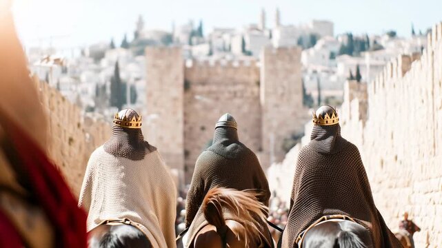 Three medieval kings on horseback riding to Jerusalem. Historical crusader knights in armor entering ancient city. Epic journey to holy land